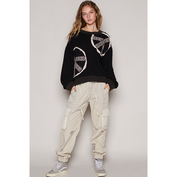 POL Relaxed Fit Peace Patched Waffle Top in Black Vintage Wash - Picture 6 of 7